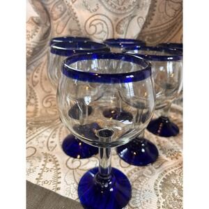 Mexican Glassware Cobalt Blue Rim 16 oz Large Wine Glass or Goblet - Set of 4